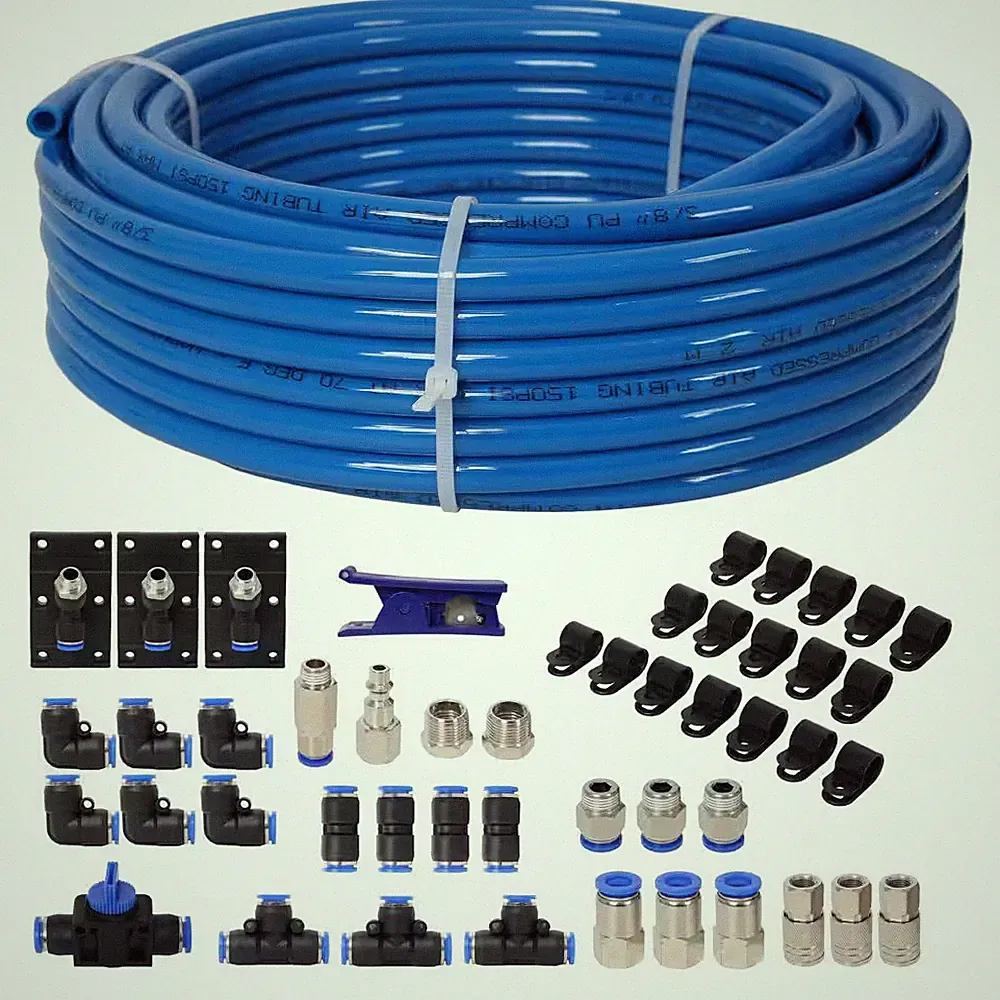 Blue Tubing Complete 3/8 In. (OD) X 60-Feet PU Tubing, Garage Air Compressor Acc